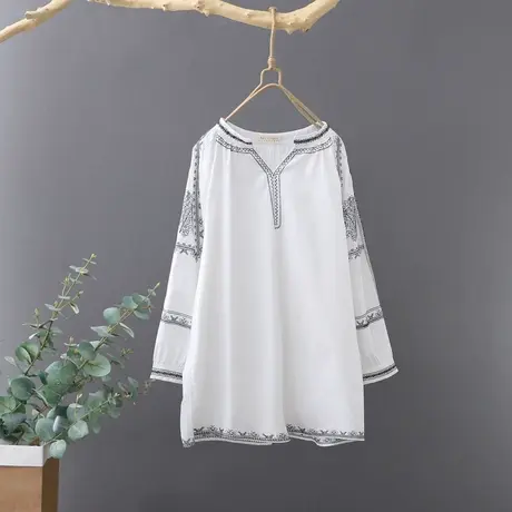 春季新品民族风纯棉白衬衫女宽松百搭文艺刺绣套头打底衬衣娃娃衫图片