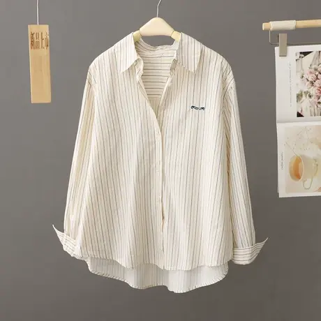 韩版洋气纯棉条纹衬衫女设计感小众上衣春秋季2023新款宽松衬衣女图片
