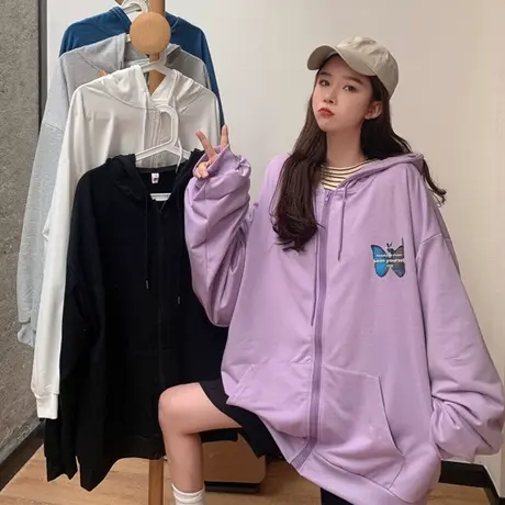 盐系卫衣女2020新款春秋宽松韩版潮ins原宿bf慵懒风薄款开衫外套图片