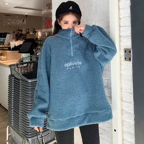 羊羔毛卫衣女2020秋冬宽松韩版ins慵懒风bf加绒加厚waitmore外套商品大图