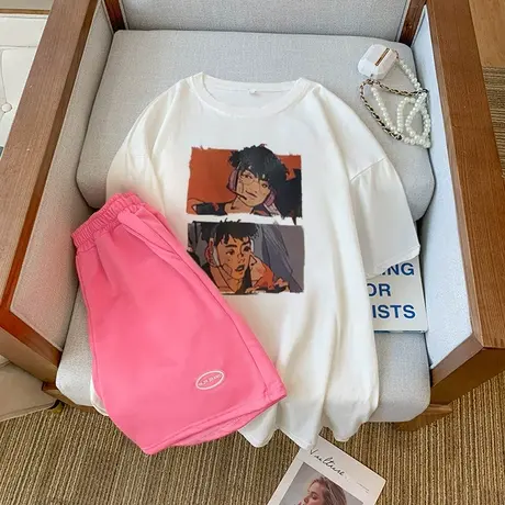 网红炸街港风运动服套装跑步女夏季宽松短袖短裤小个子休闲两件套图片