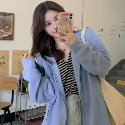 蓝色连帽卫衣外套女春秋季2023新款宽松慵懒风设计感小众长袖上衣商品大图