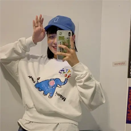 2023新款温柔风奶油色卫衣女春秋季韩版宽松圆领上衣显瘦套头外套图片