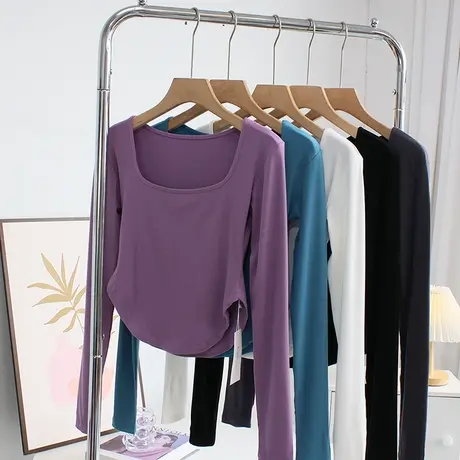 短款修身方领t恤打底衫女春秋2023设计感露脐长袖瑜伽舞蹈服上衣商品大图