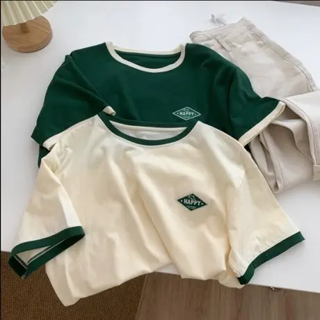 ins超火撞色短袖T恤女夏2022年新款闺蜜装潮宽松韩系百搭半袖上衣商品大图