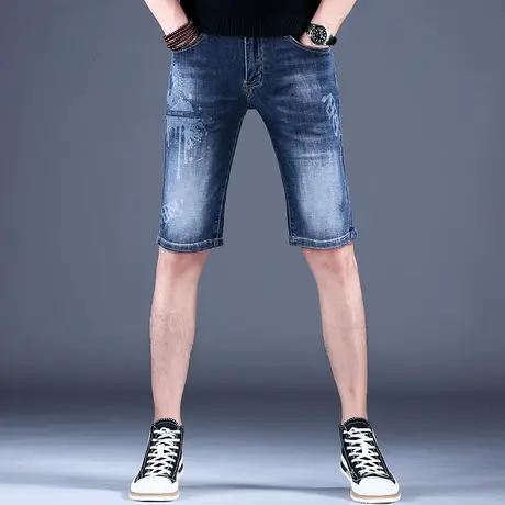 秋款男士新款牛仔裤子简约修身印花精致短裤2023男潮牌棉弹休闲裤商品大图