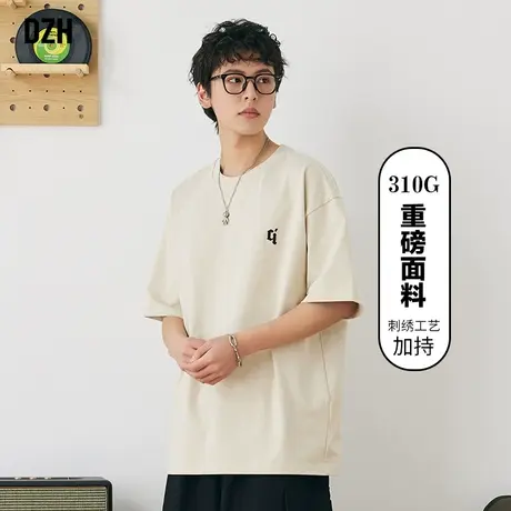 男生杏色重磅t恤男美式潮牌夏季男装2023新款刺绣短袖宽松体恤衫商品大图