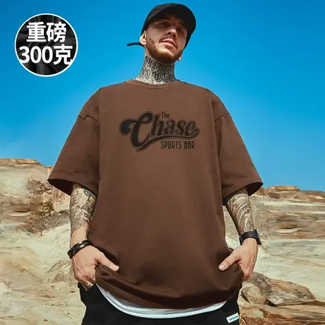 300g重磅美式字母印花短袖t恤日系大码咖色圆领纯棉胖子半袖潮流商品大图