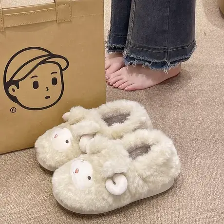 冬季棉拖鞋女可爱小绵羊保暖毛绒月子鞋厚底室内居家防滑包跟棉鞋商品大图