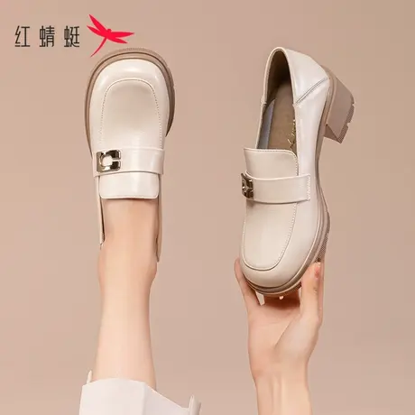 红蜻蜓粗跟单鞋女厚底英伦风皮鞋女鞋2023新款秋冬乐福鞋女高跟鞋商品大图
