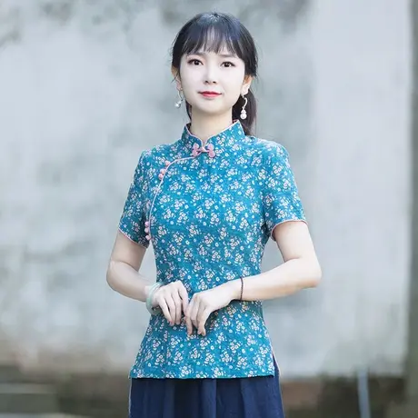 筠雅唐装女中国风2022年夏季女士短袖上衣棉麻薄款中式盘扣女装商品大图