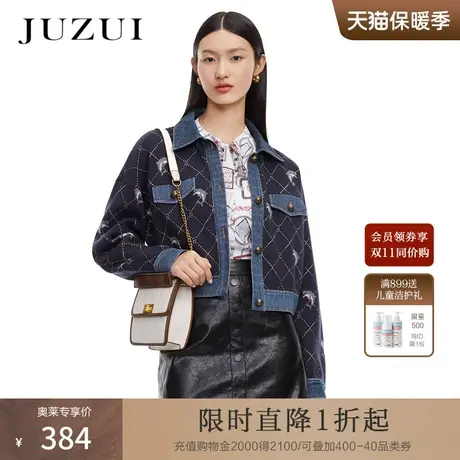 JUZUI玖姿春秋新款格纹绣花牛仔拼接毛衣趣味时尚短款开衫商品大图