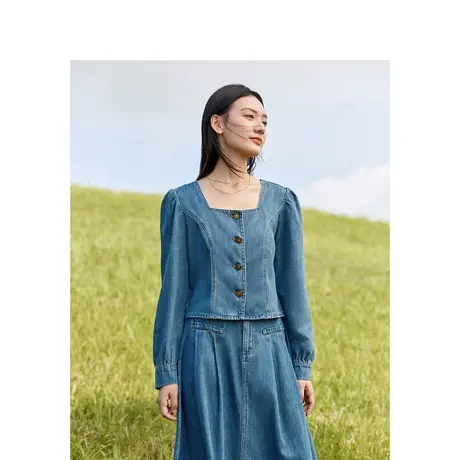 茵曼复古牛仔短外套2023秋女装新款法式方领泡泡袖长袖显瘦上衣图片