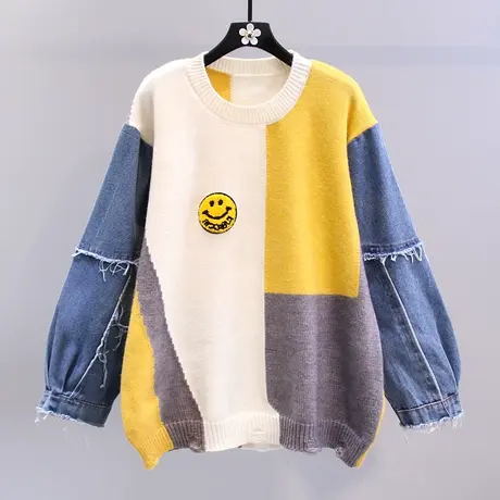 牛仔拼接毛衣女秋冬2023年新款宽松慵懒风外穿设计感拼色针织上衣图片
