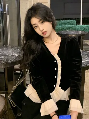 法式丝绒短款衬衫春秋2023新款设计感撞色蕾丝拼接长袖上衣女洋气商品大图