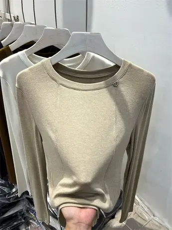 圆领修身套头纯色拼接针织衫女上衣2023早秋新款羊绒T恤打底小衫商品大图