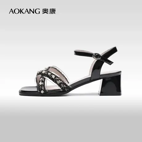 【门店发货】奥康女鞋 2023夏季新款时装凉鞋时尚气质粗跟小香风图片