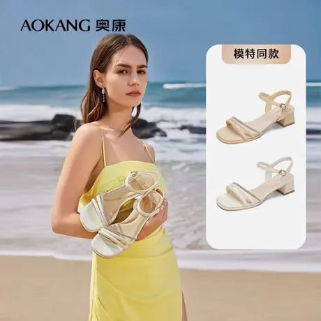 【门店发货】奥康女鞋 2024夏季新款一字扣蝴蝶结中空时装凉鞋女图片