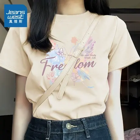 KHV真维斯杏色正肩短袖t恤女2025夏新款宽松蝴蝶印花学生纯棉上衣商品大图