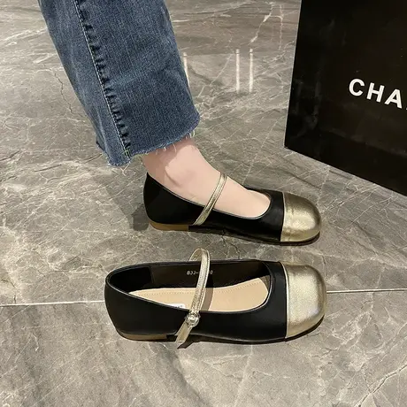 拼色浅口玛丽珍鞋女2023新款一字扣带圆头平底鞋软底瓢鞋仙女单鞋商品大图