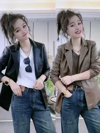 2023秋季新款纯色时尚洋气修身遮肚子显瘦减龄西装领皮衣外套上衣商品大图