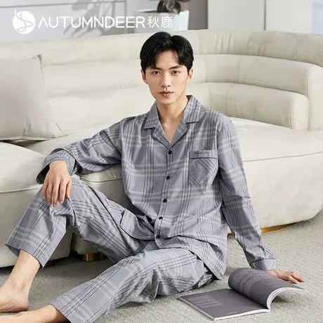 秋鹿格子梭织纯棉男士睡衣春秋款简约小翻领家居服男春季薄款套装商品大图