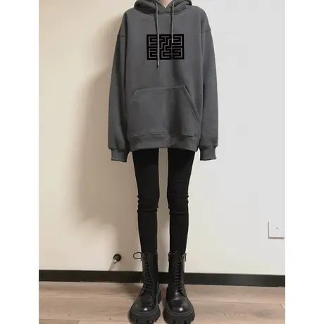 灰色加绒连帽卫衣女oversize大码高街风ins潮牌秋冬美式外套上衣商品大图