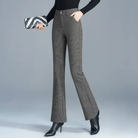 千鸟格喇叭裤女2023秋冬季新款中年女裤高腰显瘦小个子开叉微喇裤图片