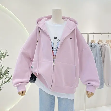 简约拉链连帽外套女2023春秋新款休闲慵懒风oversize宽松开衫卫衣商品大图