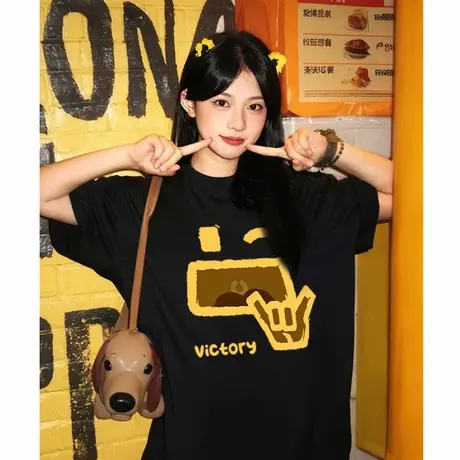 夏季宽松大版黑色短袖t恤女美式超火设计感复古风重磅纯棉上衣潮商品大图