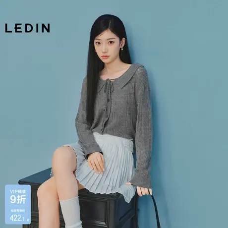 【商场同款】乐町甜美翻领系带针织开衫秋新款灰色毛衣C1EDF3431图片