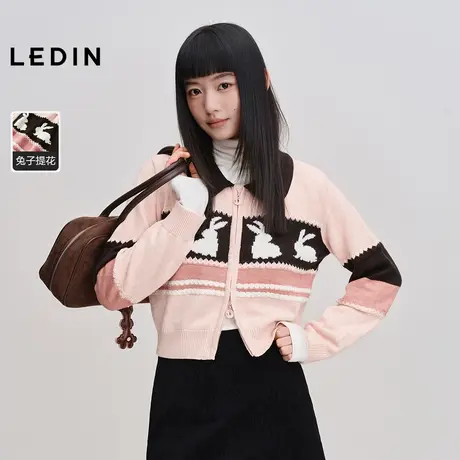 乐町短款条纹针织线开衫女秋季新款双开拉链立体小兔提花毛衣外套图片