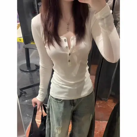 美式白色亨利U领正肩长袖t恤女秋季2025新款修身显瘦收腰辣妹上衣商品大图