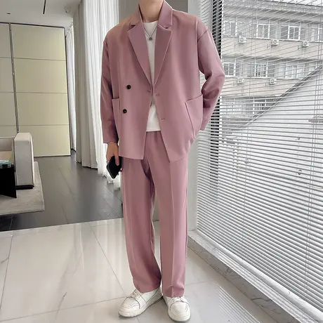 冰梅粉休闲西装男垂感外套潮流痞帅宽松西服搭配阔腿直筒裤一套装图片