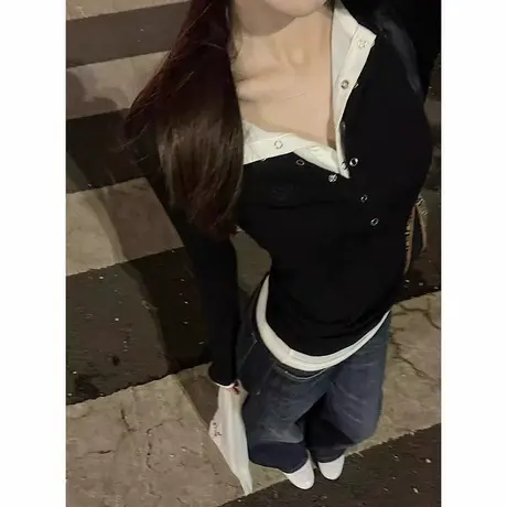 美式辣妹撞色半开领纽扣T恤女秋冬假两件设计感小众修身长袖上衣商品大图