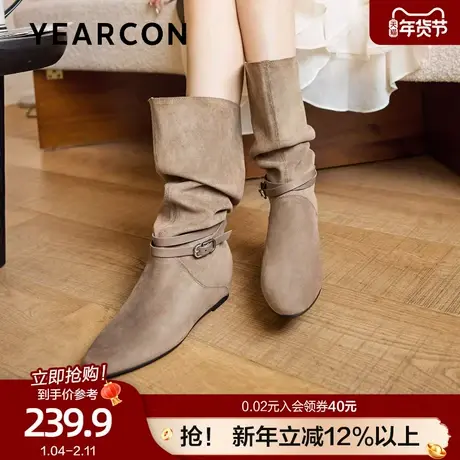 意尔康西部堆堆靴女2025秋冬新款设计感小众中筒靴小个子增高长靴图片