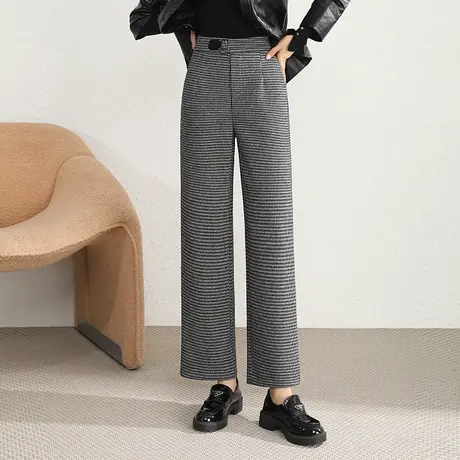 时尚千鸟格阔腿裤女秋冬羊毛呢裤子2023新款高腰宽松休闲直筒裤子图片