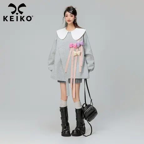 KEIKO 甜系少年感灰色卫衣女加绒2023秋冬蝴蝶结扎花宽松圆领上衣商品大图