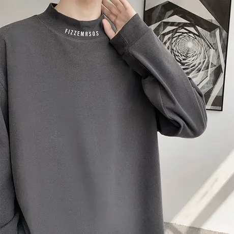 半高领字母德绒打底衫男秋冬季青年大码高级感长袖t恤重磅内搭ins商品大图