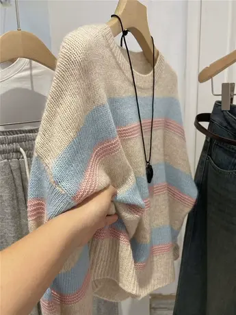 美的融化～撞色圆领宽松显瘦条纹羊毛针织衫毛衣女2023年秋装新款商品大图