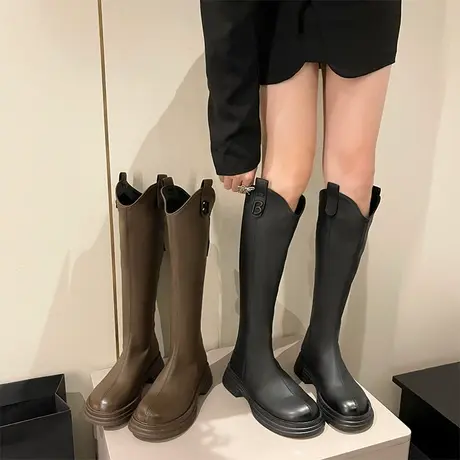 不过膝长筒靴子女2023新款秋冬时尚小个子厚底V口瘦瘦高筒骑士靴商品大图