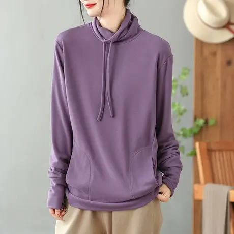 dza复古纯色全棉高领内搭打底衫秋冬洋气漂亮长袖T恤女士休闲上衣商品大图