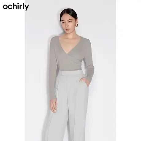 黑标系列 欧时力新款秋装法式v领垂褶搭片修身针织衫女1NH303613F商品大图