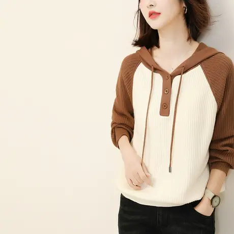 新品8.5折】连帽撞色慵懒风毛衣女士宽松套头针织衫上衣图片