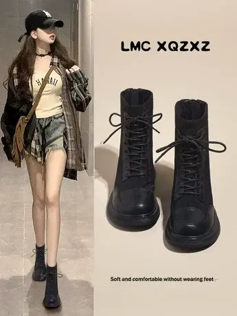 厚底弹力靴女针织袜靴2023年秋季新款靴子显瘦百搭英伦风真皮短靴图片