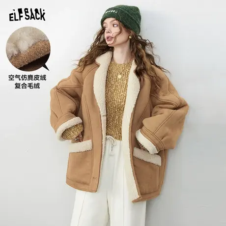 妖精的口袋复古加厚宽松棉服女2023冬新款小个子仿麂皮绒棉衣外套图片