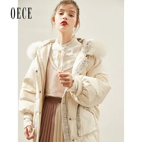Oece冬新款女 复古小香风织花拼格大毛领连帽羽绒服商品大图