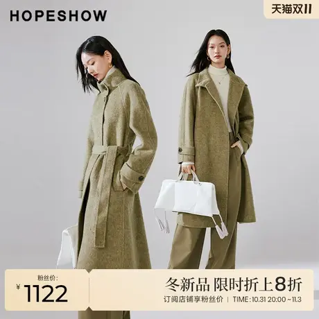 红袖outlets插肩袖翻领长款大衣hopeshow2023冬款双面呢气质外套商品大图