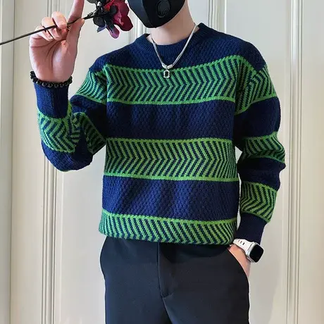 高级感撞色条纹毛衣男秋冬新款ins宽松慵懒风青年轻熟针织衫线衣商品大图