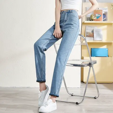唐狮加绒加厚牛仔裤女新款高腰哈伦裤小直筒裤子显瘦宽松老爹裤图片